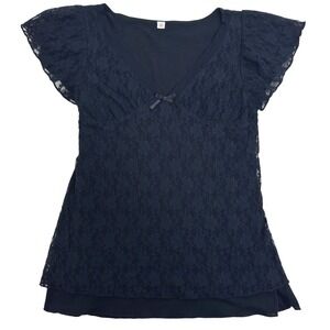 Y2K Uniqlo Babydoll Top Womens Size M Blk Lace Whimsigoth Feminine Bow Croquette